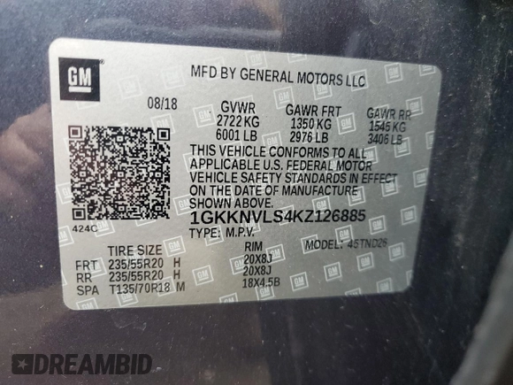 2019 GMC Acadia SLT with VIN 1GKKNVLS4KZ126885, listed as a Copart auction lot 74095924 with 100,540 mi miles and Salvage Title. Bid and sale history available at DreamBid. Image 15.