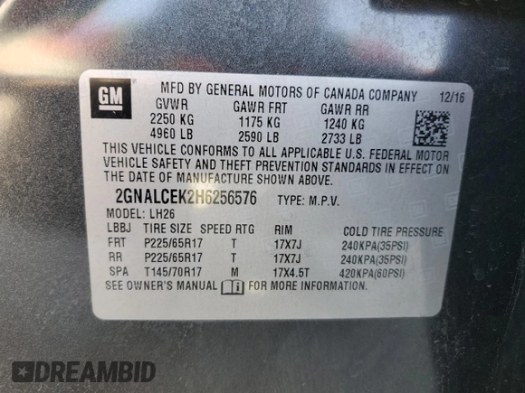 2017 Chevrolet Equinox LT with VIN 2GNALCEK2H6256576, listed as a Copart auction lot 51655405 with 96,429 mi miles and Salvage Title. Bid and sale history available at DreamBid. Image 13.