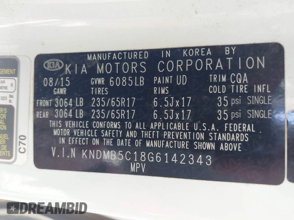 2016 Kia Sedona LX with VIN KNDMB5C18G6142343, listed as a IAAI auction lot 41889625 with 95,001 mi miles. Bid and sale history available at carsss.com. Image 9.