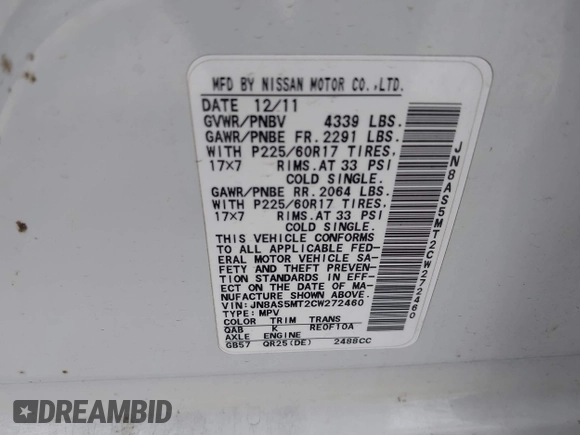 2012 Nissan Rogue S with VIN JN8AS5MT2CW272460, listed as a IAAI auction lot 41991586 with 155,301 mi miles and . Bid and sale history available at DreamBid. Image 9.