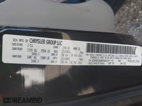 2011 Dodge Grand Caravan Crew with VIN 2D4RN5DG0BR684749, listed as a IAAI auction lot 42056781 with 138,181 mi miles and . Bid and sale history available at DreamBid. Image 9.