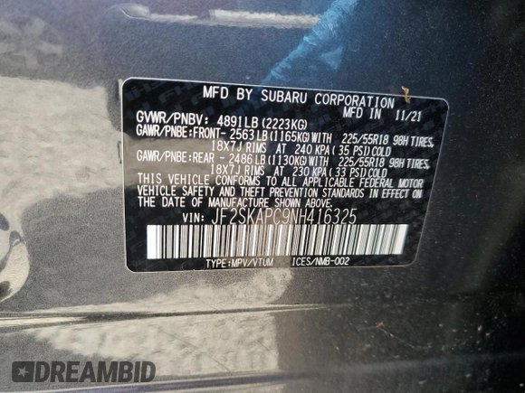 2022 Subaru Forester Limited z VIN JF2SKAPC9NH416325, wystawiony jako Copart lot #60504625 z przebiegiem 16 970 mil mil oraz Szkoda całkowita • Salvage title. Historia ofert i sprzedaży dostępna na DreamBid. Obrazek 14.