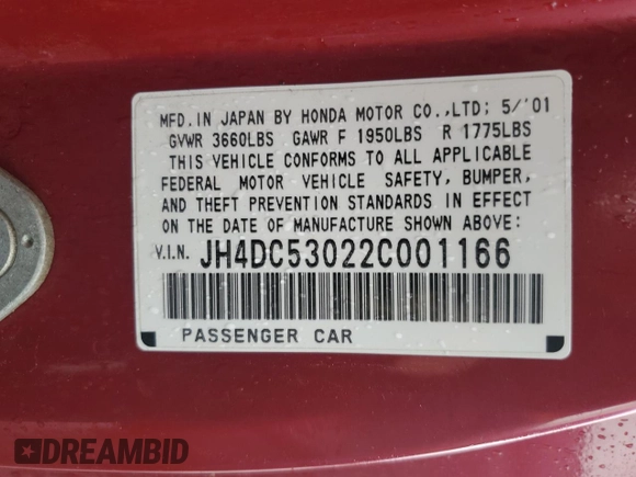 2002 Acura RSX Type S with VIN JH4DC53022C001166, listed as a Copart auction lot 48972465 with 165,209 mi miles and Clean Title. Bid and sale history available at carsss.com. Image 12.