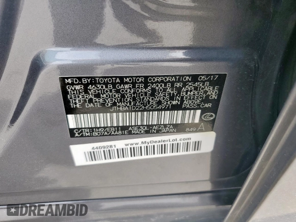 2017 Lexus IS 200t with VIN JTHBA1D22H5054971, listed as a Copart auction lot 48894975 with 100,996 mi miles and Salvage title. Bid and sale history available at DreamBid. Image 13.