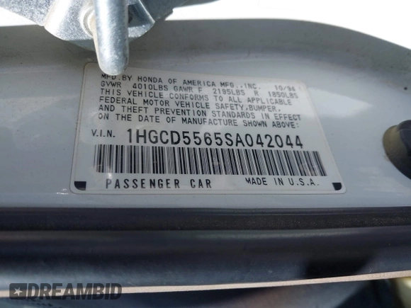 1995 Honda Accord EX z VIN 1HGCD5565SA042044, wystawiony jako IAAI lot #42433765 z przebiegiem 255 906 mil mil oraz . Historia ofert i sprzedaży dostępna na DreamBid. Obrazek 9.