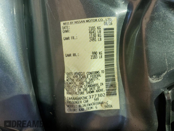 2017 Nissan Maxima S with VIN 1N4AA6AP2HC377302, listed as a Copart auction lot 61807035 with 110,995 mi miles and Salvage title. Bid and sale history available at DreamBid. Image 12.