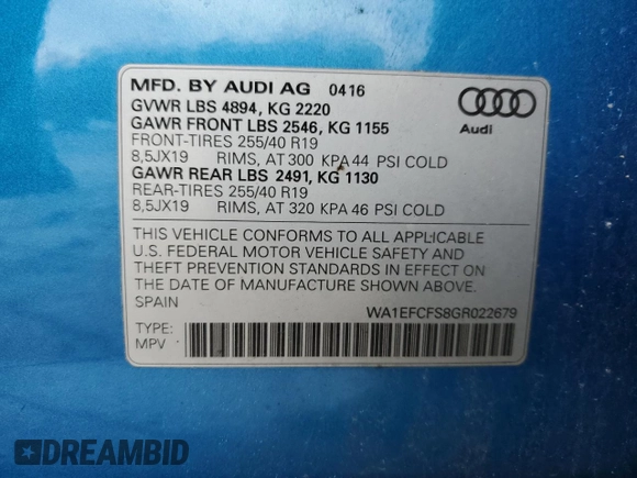 2016 Audi Q3 Premium Plus with VIN WA1EFCFS8GR022679, listed as a Copart auction lot 52772955 with 105,115 mi miles and Non repairable. Bid and sale history available at DreamBid. Image 15.