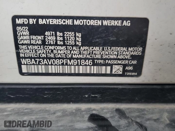 2023 BMW 4 Series 430i xDrive z VIN WBA73AV08PFM91846, wystawiony jako Copart lot #55291695 z przebiegiem Nie podano mil oraz Szkoda całkowita • Salvage title. Historia ofert i sprzedaży dostępna na DreamBid. Obrazek 12.