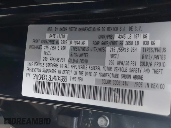 2020 Mazda CX-30 Select with VIN 3MVDMBCL3LM104988, listed as a IAAI auction lot 41951565 with 53,685 mi miles and . Bid and sale history available at DreamBid. Image 9.