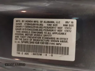 2016 Honda Odyssey EX-L with VIN 5FNRL5H61GB138100, listed as a IAAI auction lot 41548666 with 127,780 mi miles. Bid and sale history available at carsss.com. Image 9.
