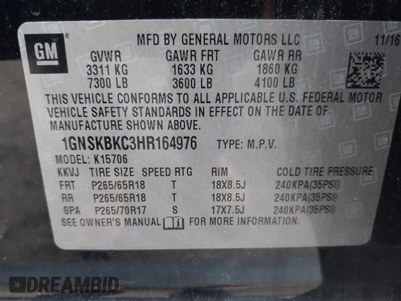 2017 Chevrolet Tahoe LT z VIN 1GNSKBKC3HR164976, wystawiony jako IAAI lot #42263818 z przebiegiem 99 261 mil mil oraz . Historia ofert i sprzedaży dostępna na DreamBid. Obrazek 9.