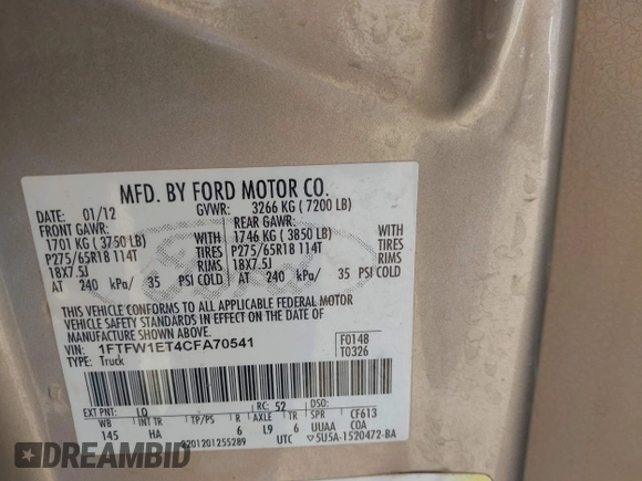 2012 Ford F-150 XL с VIN 1FTFW1ET4CFA70541, выставлен на аукционе IAAI как лот 41847127 с пробегом Не указан миль и . История ставок и продаж доступна на DreamBid. Изображение 9.