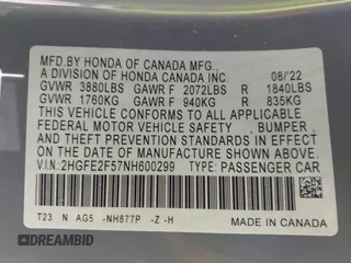 2022 Honda Civic Sport with VIN 2HGFE2F57NH600299, listed as a IAAI auction lot 41709059 with 9,060 mi miles and . Bid and sale history available at carsss.com. Image 9.