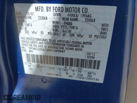 2008 Ford Escape XLS z VIN 1FMCU02Z28KC00547, wystawiony jako IAAI lot #42540493 z przebiegiem 142 584 mil mil oraz . Historia ofert i sprzedaży dostępna na DreamBid. Obrazek 9.