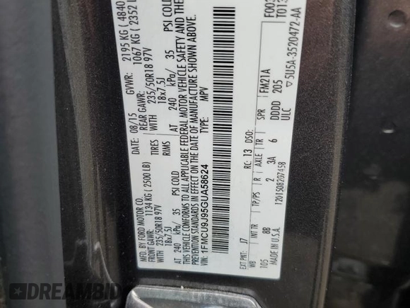 2016 Ford Escape Titanium with VIN 1FMCU9J95GUA58624, listed as a Copart auction lot 59915305 with 102,061 mi miles and Salvage title. Bid and sale history available at DreamBid. Image 13.