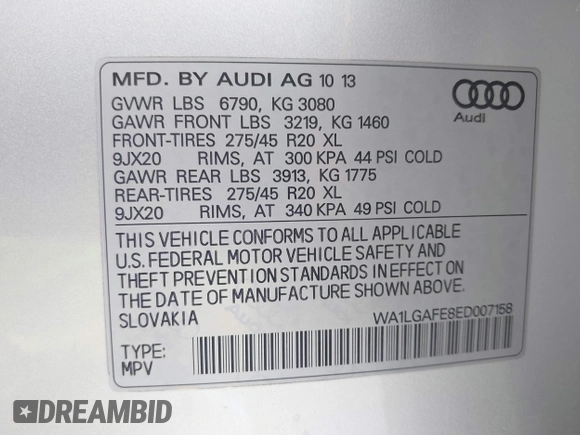 2014 Audi Q7 Premium Plus with VIN WA1LGAFE8ED007158, listed as a IAAI auction lot 42212664 with 120,934 mi miles and . Bid and sale history available at DreamBid. Image 9.