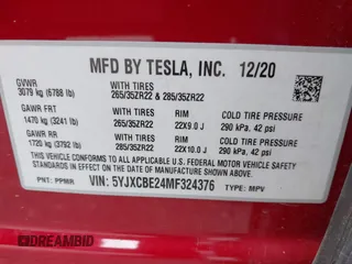 2021 Tesla Model X Long Range Plus with VIN 5YJXCBE24MF324376, listed as a IAAI auction lot 42034108 with Not Provided miles and . Bid and sale history available at carsss.com. Image 9.