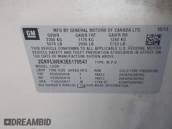 2014 GMC Terrain SLE with VIN 2GKFLWEK3E6170547, listed as a IAAI auction lot 42369111 with 121,285 mi miles and . Bid and sale history available at DreamBid. Image 9.