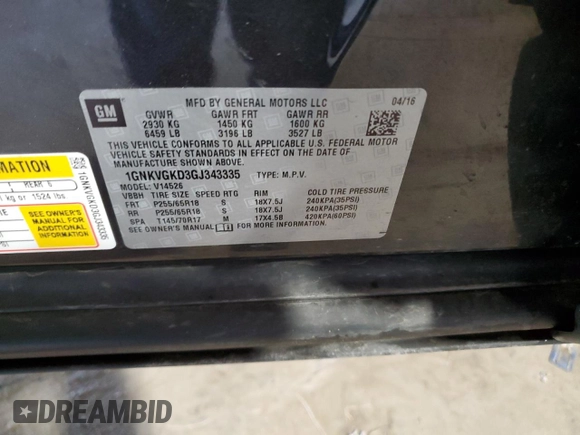 2016 Chevrolet Traverse LT with VIN 1GNKVGKD3GJ343335, listed as a Copart auction lot 87943305 with 157,021 mi miles and Salvage Title. Bid and sale history available at DreamBid. Image 13.