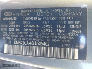 2020 Hyundai Kona SE with VIN KM8K1CAA6LU585402, listed as a IAAI auction lot 41681666 with 169,614 mi miles. Bid and sale history available at carsss.com. Image 9.