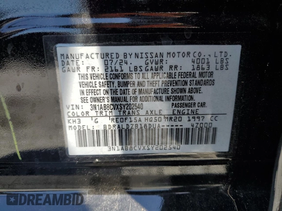 2025 Nissan Sentra SV with VIN 3N1AB8CVXSY202540, listed as a Copart auction lot 53479635 with 5,615 mi miles and Salvage Title. Bid and sale history available at carsss.com. Image 13.