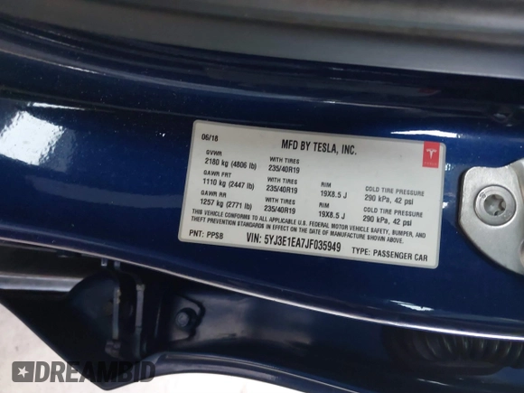2018 Tesla Model 3 Long Range Battery z VIN 5YJ3E1EA7JF035949, wystawiony jako IAAI lot #41627027 z przebiegiem Nie podano mil oraz . Historia ofert i sprzedaży dostępna na DreamBid. Obrazek 9.