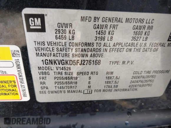 2015 Chevrolet Traverse LT with VIN 1GNKVGKD5FJ276168, listed as a IAAI auction lot 41803936 with 103,447 mi miles and . Bid and sale history available at DreamBid. Image 9.