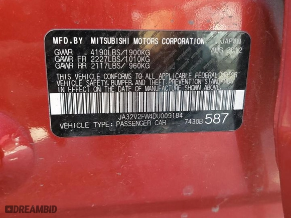 2013 Mitsubishi Lancer SE with VIN JA32V2FW4DU009184, listed as a Copart auction lot 77564104 with 0 mi miles and Salvage Title. Bid and sale history available at carsss.com. Image 12.