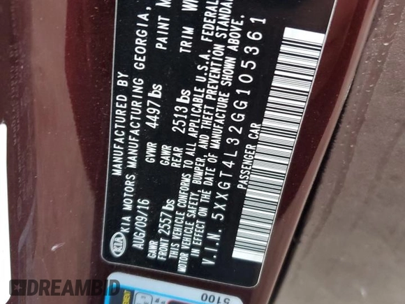 2016 Kia Optima LX with VIN 5XXGT4L32GG105361, listed as a Copart auction lot 82678114 with 58,031 mi miles and Salvage Title. Bid and sale history available at carsss.com. Image 13.