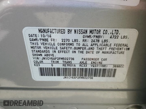 2015 Infiniti Q40 with VIN JN1CV6AP2FM502736, listed as a Copart auction lot 73340514 with 105,915 mi miles and Salvage Title. Bid and sale history available at carsss.com. Image 15.