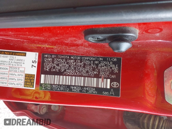 2009 Toyota Prius z VIN JTDKB20U597865732, wystawiony jako IAAI lot #42140080 z przebiegiem 161 757 mil mil oraz . Historia ofert i sprzedaży dostępna na DreamBid. Obrazek 9.