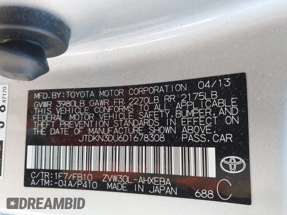 2013 Toyota Prius One with VIN JTDKN3DU6D1678308, listed as a IAAI auction lot 41303343 with 159,687 mi miles and . Bid and sale history available at DreamBid. Image 9.