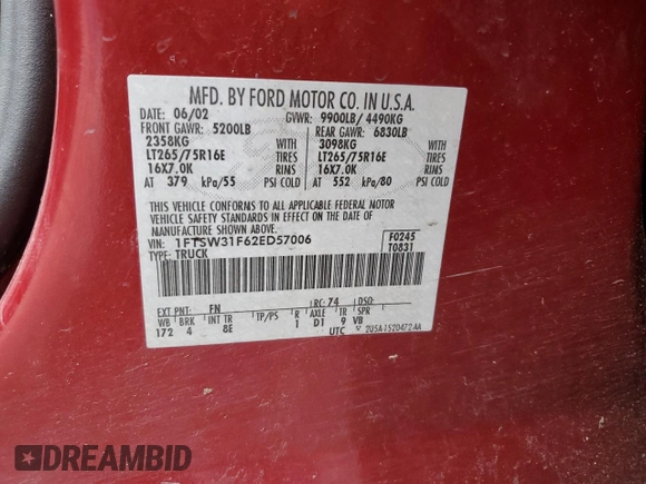 2002 Ford F-350 XL with VIN 1FTSW31F62ED57006, listed as a Copart auction lot 57156665 with 173,244 mi miles and Salvage title. Bid and sale history available at DreamBid. Image 12.