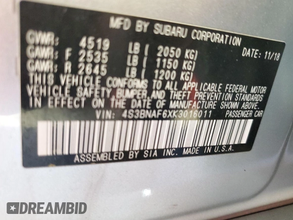 2019 Subaru Legacy Premium with VIN 4S3BNAF6XK3016011, listed as a IAAI auction lot 42186234 with 110,709 mi miles. Bid and sale history available at carsss.com. Image 26.