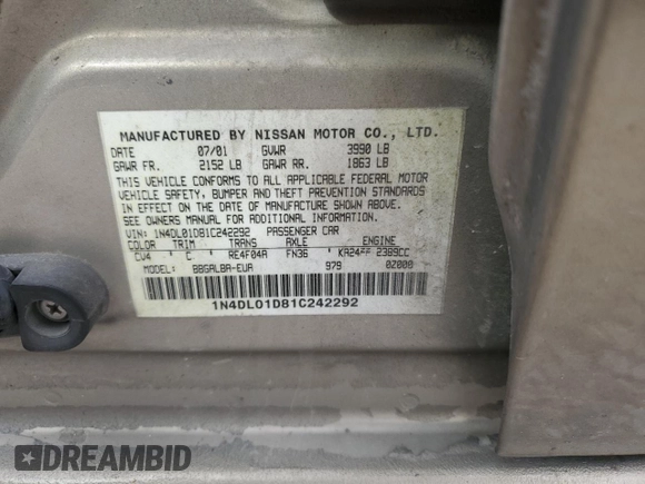 2001 Nissan Altima GXE with VIN 1N4DL01D81C242292, listed as a Copart auction lot 72706494 with 0 mi miles and Salvage Title. Bid and sale history available at carsss.com. Image 14.