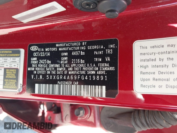 2015 Kia Optima SXL Turbo with VIN 5XXGR4A69FG419891, listed as a IAAI auction lot 41803317 with 158,907 mi miles and . Bid and sale history available at DreamBid. Image 9.