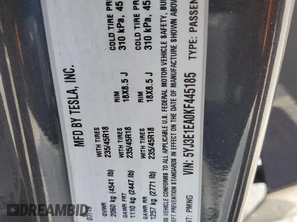 2019 Tesla Model 3 Mid Range with VIN 5YJ3E1EA0KF445185, listed as a Copart auction lot 48630675 with 76,351 mi miles and Salvage Title. Bid and sale history available at carsss.com. Image 14.