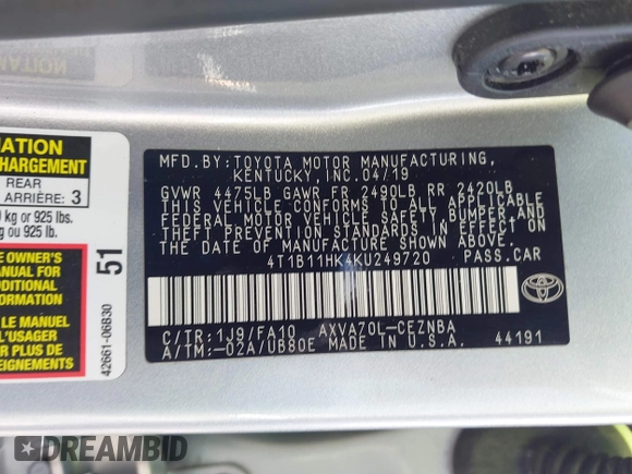 2019 Toyota Camry LE with VIN 4T1B11HK4KU249720, listed as a IAAI auction lot 41940728 with 35,891 mi miles and . Bid and sale history available at DreamBid. Image 9.