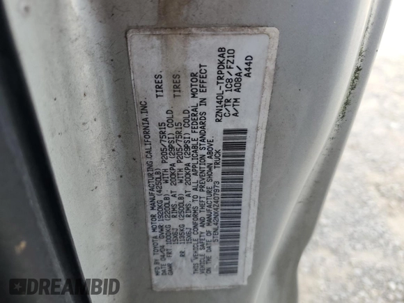 2004 Toyota Tacoma with VIN 5TENL42NX4Z407973, listed as a Copart auction lot 61962155 with 163,180 mi miles and Salvage title. Bid and sale history available at DreamBid. Image 12.
