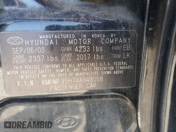 2004 Hyundai Sonata GLS with VIN KMHWF35H74A948058, listed as a Copart auction lot 51962605 with 168,382 mi miles and Clean Title. Bid and sale history available at carsss.com. Image 14.