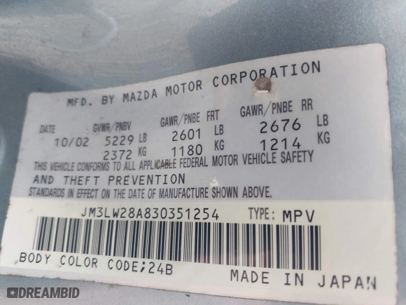 2003 Mazda MPV LX with VIN JM3LW28A830351254, listed as a IAAI auction lot 41703167 with 232,786 mi miles. Bid and sale history available at carsss.com. Image 9.