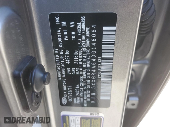 2013 Kia Optima SX with VIN 5XXGR4A64DG146064, listed as a Copart auction lot 58272935 with 108,116 mi miles and Salvage title. Bid and sale history available at DreamBid. Image 12.