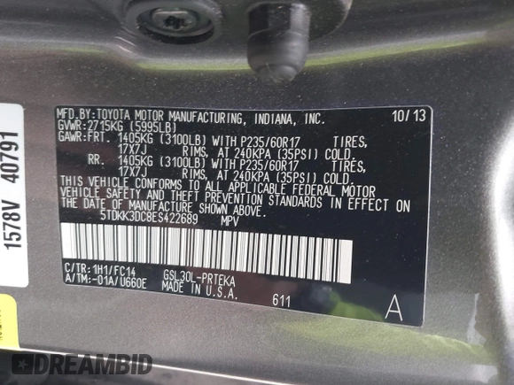 2014 Toyota Sienna LE AAS с VIN 5TDKK3DC8ES422689, выставлен на аукционе IAAI как лот 42306029 с пробегом 41 627 миль миль и . История ставок и продаж доступна на DreamBid. Изображение 9.