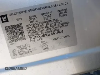 2020 Chevrolet Equinox LS with VIN 3GNAXHEV1LS654027, listed as a IAAI auction lot 41612632 with 87,311 mi miles. Bid and sale history available at carsss.com. Image 9.