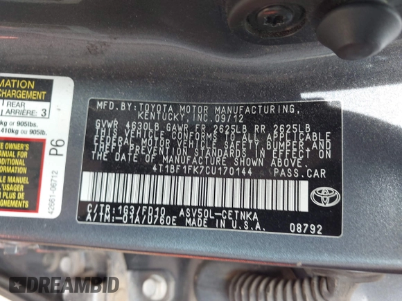 2012 Toyota Camry L z VIN 4T1BF1FK7CU170144, wystawiony jako IAAI lot #42184180 z przebiegiem 73 931 mil mil oraz . Historia ofert i sprzedaży dostępna na DreamBid. Obrazek 9.