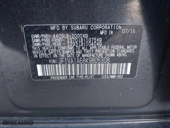 2019 Subaru WRX with VIN JF1VA1A68K9805308, listed as a IAAI auction lot 41386740 with 60493 miles. Bid and sale history available at carsss.com. Image 9.