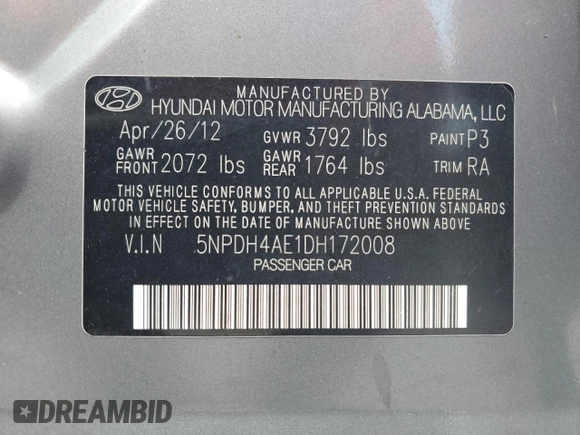 2013 Hyundai Elantra Limited with VIN 5NPDH4AE1DH172008, listed as a Copart auction lot 55026315 with 161,632 mi miles and Salvage Title. Bid and sale history available at DreamBid. Image 12.