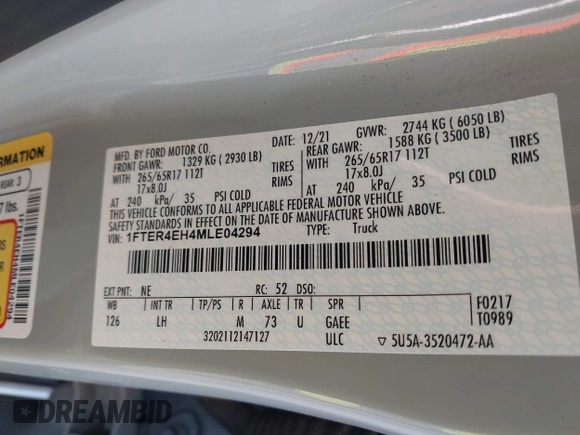 2021 Ford Ranger XL с VIN 1FTER4EH4MLE04294, выставлен на аукционе IAAI как лот 42027689 с пробегом 60 540 миль миль и . История ставок и продаж доступна на DreamBid. Изображение 9.