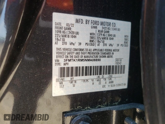 2022 Ford Mustang Mach-E Select z VIN 3FMTK1RM5NMA08890, wystawiony jako Copart lot #53342915 z przebiegiem 45 253 mil mil oraz Szkoda całkowita • Salvage title. Historia ofert i sprzedaży dostępna na DreamBid. Obrazek 13.