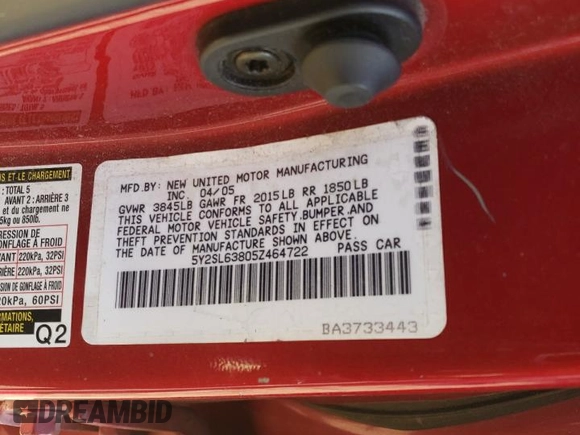2005 Pontiac Vibe with VIN 5Y2SL63805Z464722, listed as a Copart auction lot 75618334 with 121,910 mi miles and Salvage Title. Bid and sale history available at DreamBid. Image 13.
